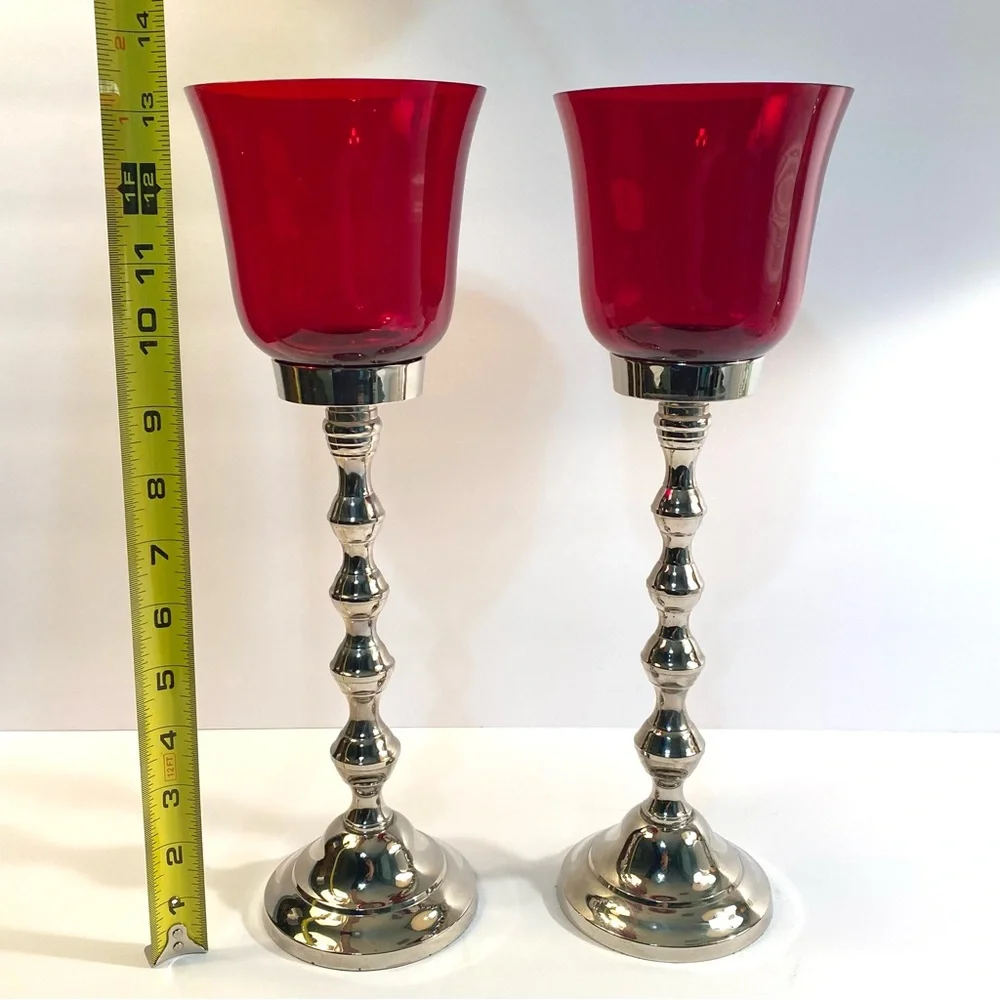 Z Gallerie Carmen 13” Red Glass & Silver Nickel Metal Votive Candleholders Set